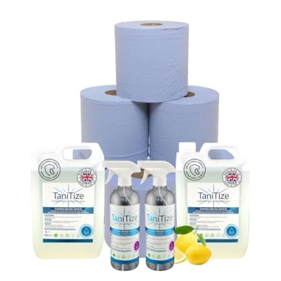 Image of TaniTize Sunbed Sanitiser &amp; Salon Cleaner Spray (10 Litre Pack). 2 x Bottle + 6 Ply 500 Wipe Blue Centerfeed Rolls.Alcohol Free, Multi Purpose Cleaner, Kills 99.99% Bacteria in seconds..