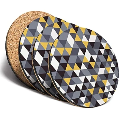 Image of Sawfish® Coasters (Set of 4) Round Yellow Grey Black Triangle Pattern Drink Glossy Coasters/Tabletop Protection for Any Table Type
