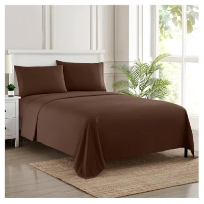 Image of Sweet Home Collection Luxury Bedding Set with Flat, Fitted Sheet, 2 Pillow Cases, Microfiber, Brown, Queen