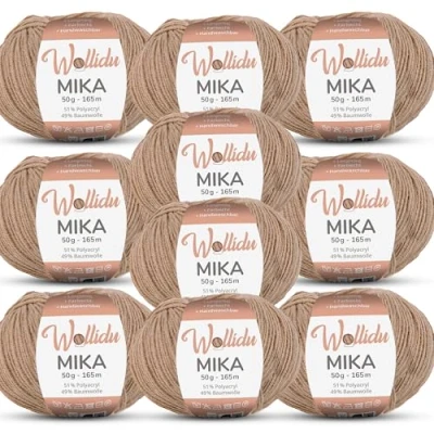Image of Wollidu Mika 51% Polyacrylic, 49% Cotton for Crochet and Knitting, 10 x 50 g/165 m, Oeko Tex Knitting Yarn, Yarn Camel Colours