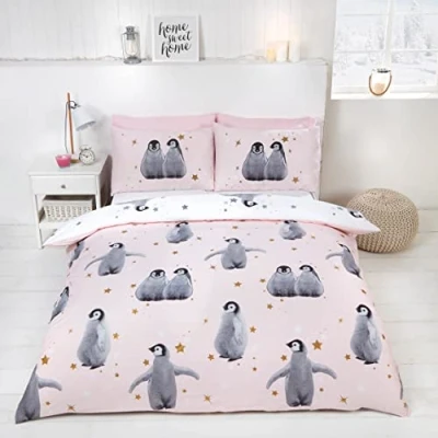 Image of Rapport Home Starry Penguins Duvet Set, Polyester Cotton, Pink,3 pieces, King