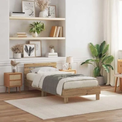 Image of vidaXL Artisan Oak Bed Frame Solid Wood, Modern 90x190 cm Design for Bedroom/Guest Room