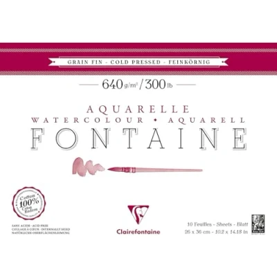 Image of Clairefontaine Ref 96358C Fontaine Cold Pressed Watercolour Glued Pad (10 Sheets) 26 x 36cm Size, 640gsm Paper Suitable for Artwork