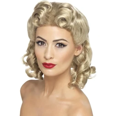 Image of Smiffys 40s Sweetheart Wig, Blonde with Curls, 1940&#039;s Wartime Fancy Dress, 1940s Dress Up Wigs