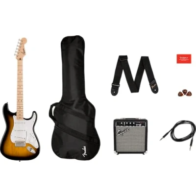 Image of Squier by Fender Sonic Stratocaster Electric Guitar Pack, Maple Fingerboard in 2 Colour Sunburst, Gig Bag, Frontman 10W Amp, Picks, Strap, Cable, Comes with Free Virtual Lessons