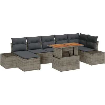 Image of vidaXL 8 Piece Garden Dining Set with Cushions Grey Poly Rattan Acacia