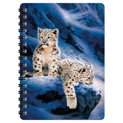 Image of 3D LiveLife Jotter Snow Leopard Cubs from Deluxebase. Lenticular Big Cat A6 Spiral Notebook with Plain Recycled Paper Pages. Artwork Licensed Renowned Artist Joh Naito