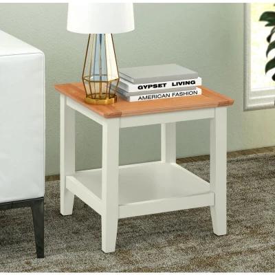 Image of Hallowood Furniture Clifton Green Off White Painted Coffee Table with Shelf, Light Oak Top Wooden Side Table, Bedside Lamp End Small for Living Room and Hallway