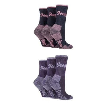Image of Jeep Womens Cotton Boot Socks Luxury Terrain Calf Length Plain with Logo,Ribbed, Cushioned &amp; Chunky for Walking, Hiking, Trekking the Outdoors Size 4 8 6 Pair Multipack Navy Purple