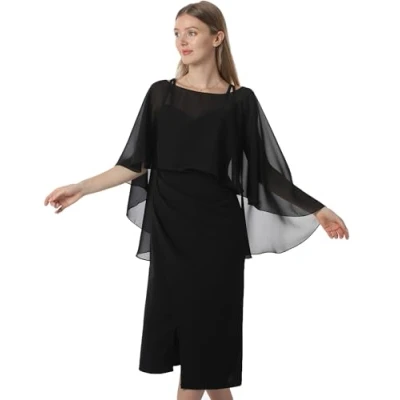 Image of Hotshawl Capelets for women Chiffon Cape Shawls and Wraps Evening Dress Wedding Capes Cover Up, Black, One Size