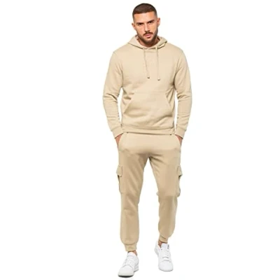 Image of 989Zé ENZO Mens Tracksuit Hooded Fleece Sweatshirt Overhead Hoodie Pullover Casual Cargo Combat Joggers Sweatpants Set EZHD600 &amp; EZJGC599 STONE S