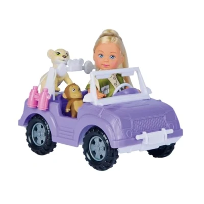 Image of Simba 105733648 Evi Love Toy Doll in Cute Safari Outfit with Cool Jeep, Backpack, Baby Monkey, Lion, Binoculars, 12 cm, from 3 Years