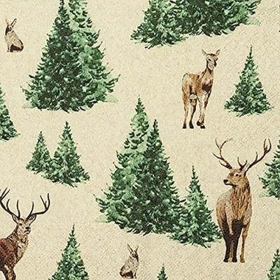 Image of 20 Napkins Eco Line Sustainable Made from 100% Recycled Paper Individual Deer in the Forest Animals Fir Tree Table Decoration 33 x cm