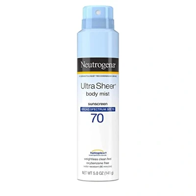 Image of Neutrogena Ultra Sheer Body Mist Sunscreen Spray Broad Spectrum SPF 70, Lightweight, Non Greasy &amp; Water Resistant, Oil Free Comedogenic UVA/UVB Mist, 5 oz