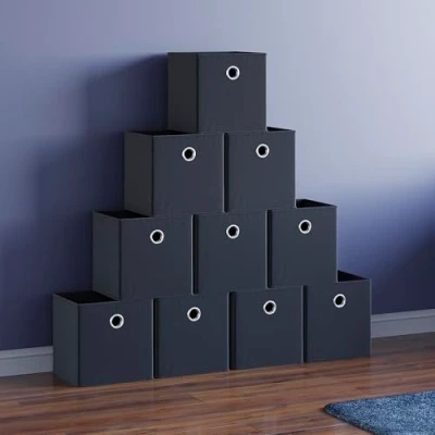 Image of Vida Designs Durham Foldable Storage Cube Baskets Fabric Box With Metal Easy Access Handle Home Organiser (Black, 10 Pack)
