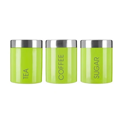 Image of Premier Housewares Liberty Tea Coffee and Sugar Canisters Set of 3 Lime Green, Stainless Steel, H13 x W10 D10cm