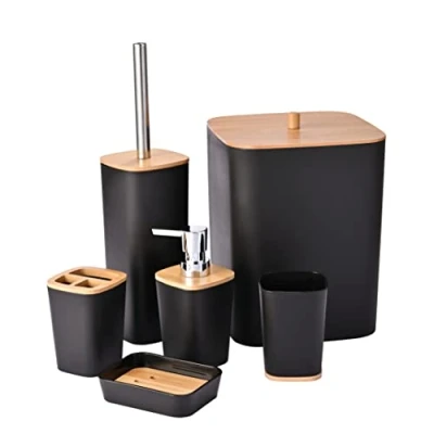 Image of Yorkmills 6 Pieces Bamboo Bathroom Accessories Set, Luxury Accessory Bin And Toilet Brush Toothbrush Holder Tumbler Soap Dish Trash Can Dispenser Bath Set Gift