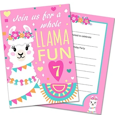 Image of Olivia Samuel Llama 7th Birthday Party Invitations from A6 Double Sided Cards with Envelopes