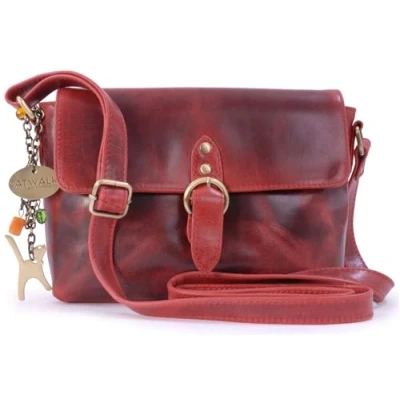 Image of Catwalk Collection Handbags Women&#039;s Leather Cross Body Bag Small Flapover Shoulder Adjustable Crossbody Strap FREYA Red