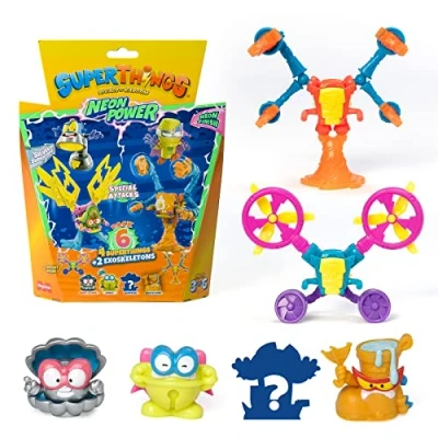 Image of SUPERTHINGS Neon Power Series Pack of 6, Includes 4 Super Things (1 Silver Captain) and 2 Exoskeletons, 3 6