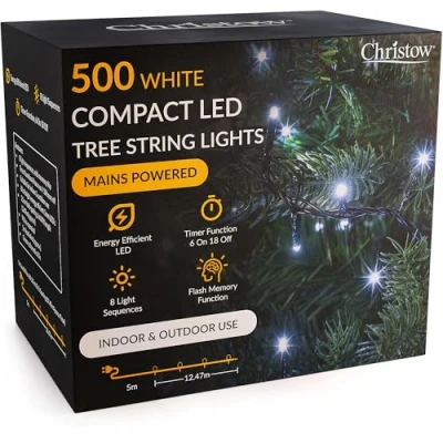 Image of CHRISTOW Christmas Tree Lights, Compact White LED Fairy String Lights with Timer, 8 Light Modes, Indoor &amp; Outdoor, Mains Operated, Green Cable (500 / 12.47m Lit Length for 5ft Xmas Tree)