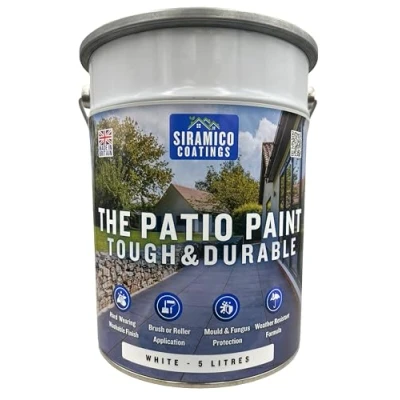 Image of SIRAMICO COATINGS The Patio Paint 5 Litre White Superior with Professional Finish for Use on Patios, Walkways, Walls Non Toxic UV Resistant Easy Application