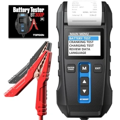 Image of Car Battery Tester TOPDON BT300P, 12V 24V with Printer, Test, Cranking Charging Test for 100 2000CCA Batteries, Carrying Bag, 3 Rolls of Printing Paper Included