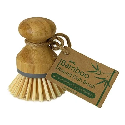 Image of JVL Round Bamboo Short Dish Pot Brush, Natural,