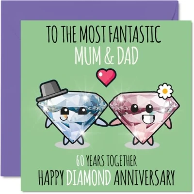 Image of Cute Diamond Anniversary Card for Mum &amp; Dad 60 Years Together Happy 60th Wedding Cards Mum, 145mm x Greeting Sixtieth Anniversaries