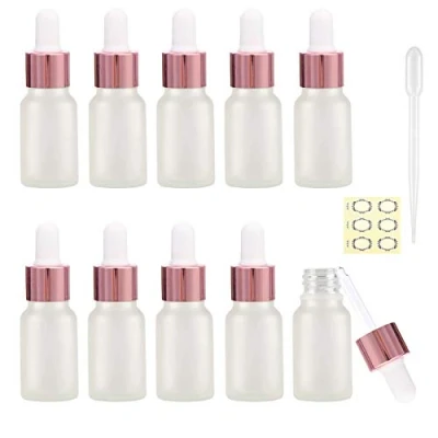 Image of Alledomain 10Pcs, 10ml Frosted Glass Bottles with Dropper Pipettes, Mini Empty Rose Gold Metal Cap Refillable Sample Container for Essential Oil/Aromatherapy Blends/Chemical Liquid