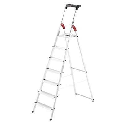 Image of Hailo 8160 707 L60 safety ladder, 7 steps, multifunction tray, hinge protection, made in Germany