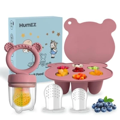 Image of MumEZ Baby Fruit Feeder Pacifier Convenient Food Set, Easy Self Feeding Journey with Dummy Feeder, Freezer Trays Included（Powder Rose）