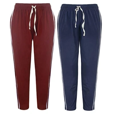 Image of Mens Long Lounge Wear Pants Nightwear (2 Pack) Pyjama Bottoms Sleepwear 100% Cotton (M, Navy/Plum)