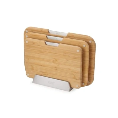 Image of Joseph Nest Boards 3 Piece Bamboo Chopping Board Set, Double Sided, Non Slip Feet, Stainless Steel Tabs, Food Icons, Metal Stand
