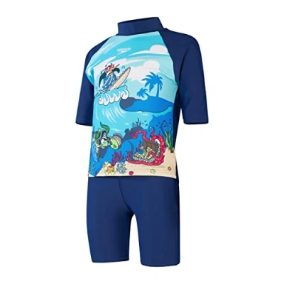 Image of Speedo Infant Boy&#039;s Learn to Swim Sun Protection Top &amp; Shorts Junior Boys Holiday Wear UV Protection, Harmony Blue/Bondi/Becah Blue/White, 9 12 Months