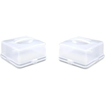 Image of Airtight BPA free Plastic Reusable Storage Cake Box Portable Takeaway Food Container with Lid Carrier Handle Lockable Cover Multipack (Plastic, Twin Pack Square)