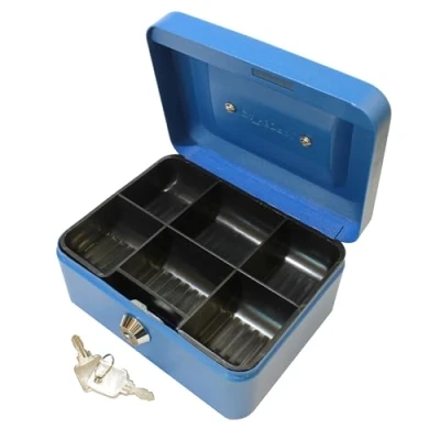 Image of Cathedral Products Key Lockable Cash Box with Lift Out 6 Compartment Coin Tray Inch Blue
