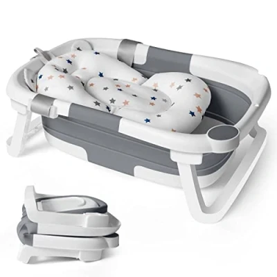 Image of Baby Bath Foldable Tub Collapsible Bathtub Essentials for Newborn with Seat Support Cushion Stand Folding Baths Toddler 0 12 Months Travel Portable Infant Tubs Soft Bathing Kids Grey