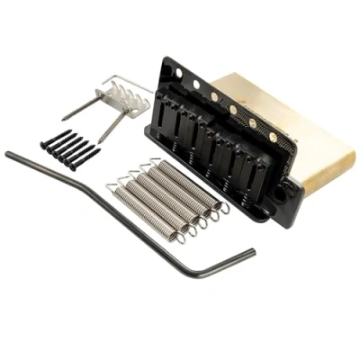 Image of Musiclily Ultra 52.5mm(2 1/16 inch) Standard 6 Screw ST Tremolo Bridge with Modern Brass Saddles 42mm Solid Block Push In Arm for Strat Style Electric Guitar, Black