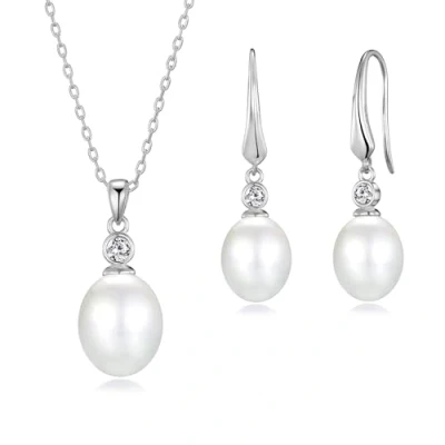 Image of Philip Jones Sterling Silver White Pearl Drop Set Created with Zircondia® Crystals
