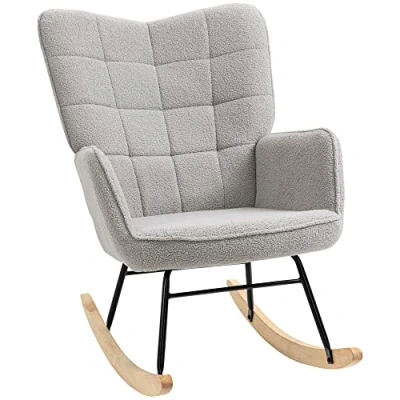 Image of HOMCOM Wingback Rocking Chair with Wooden Base, Fleece Glider Rocker for Nursing, Modern Armchair Light Grey