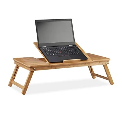 Image of Relaxdays XL Bamboo Laptop Riser Stand, Ideal Ventilation, Height Adjustable, 5 Angles, with Drawer, Natural, 49 x 90 35 cm