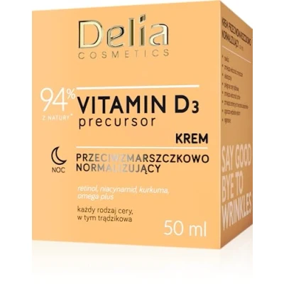 Image of Delia Cosmetics Vitamin D3 Precursor Anti Wrinkle Normalising Night Cream All Skin Types Acne Hydrating Regenerating Retinol Niacinamide Tumeric Omega Plus 50ml