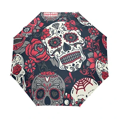Image of HMZXZ RXYY Colorful Sugar Skull Floral Folds Auto Open Close Umbrella for Women Men Boys Girls Windproof Compact Travel Lightweight Rain