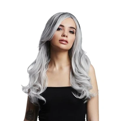 Image of Smiffys Fever Khloe Wig, True Blend, Ice Silver Long Wave, Centre Parting, 56cm/22in, Wigs Fancy Dress, Halloween Dress Accessories Up