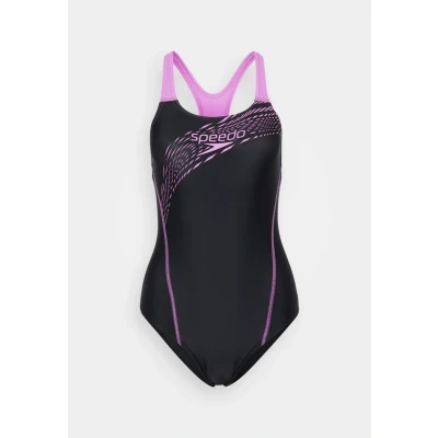Image of Speedo Women&#039;s Medley Logo Swimsuit Swimming Costume Neon Violet Size 40&quot; Approx UK 18