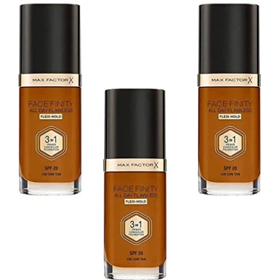 Image of 3 x Max Factor Face Finity Flawless in 1 Foundation 30ml 100 Sun Tan