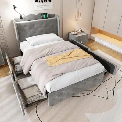 Image of BTM Single Bed, Upholstered Bed with 4 Drawers, Lamp and USB Ports, Frame 3FT 90x190cm, Velvet, Grey(No Mattress)