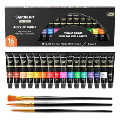 Image of Shuttle Art Acrylic Paint Set, 16 x12ml Tubes Craft Paints for Children, Kit Clay, Model, Poster, Rock Painting, Kids Adults Beginner Painting on Canvas Wood Model Fabric
