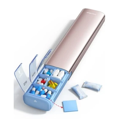 Image of VAYDEER 7 Day Weekly Pill Organizer, Metal Travel Case, Large Capacity Daily Cute Box for Supplements, Pills, Vitamins and Medication (Gunmetal)